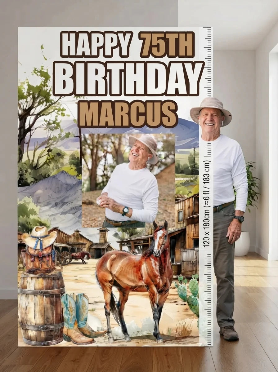 Person standing beside the Cowboy Theme Birthday Party Mega Card for scale in a size guide