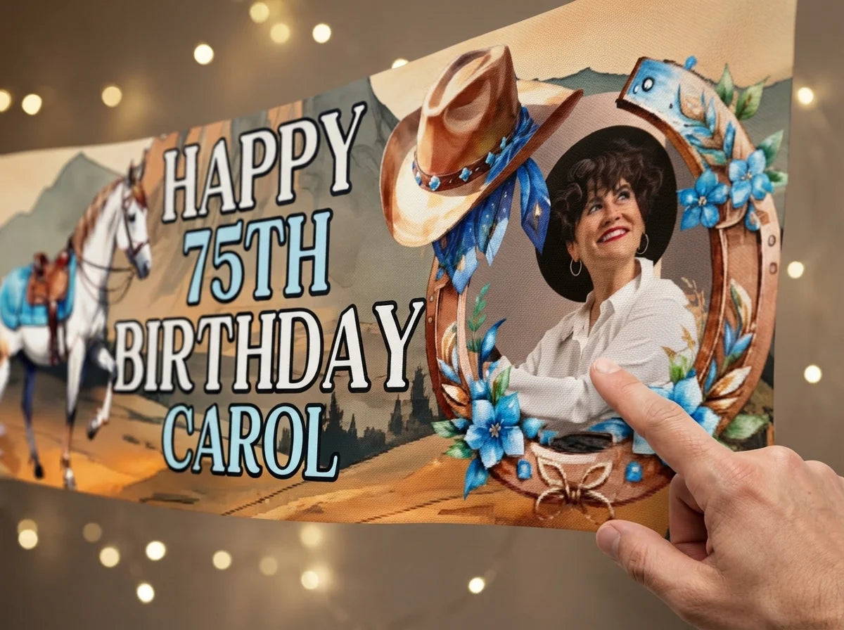 Close-up of the personalised name and photo printed on the Cowgirl Theme Birthday Party Banner