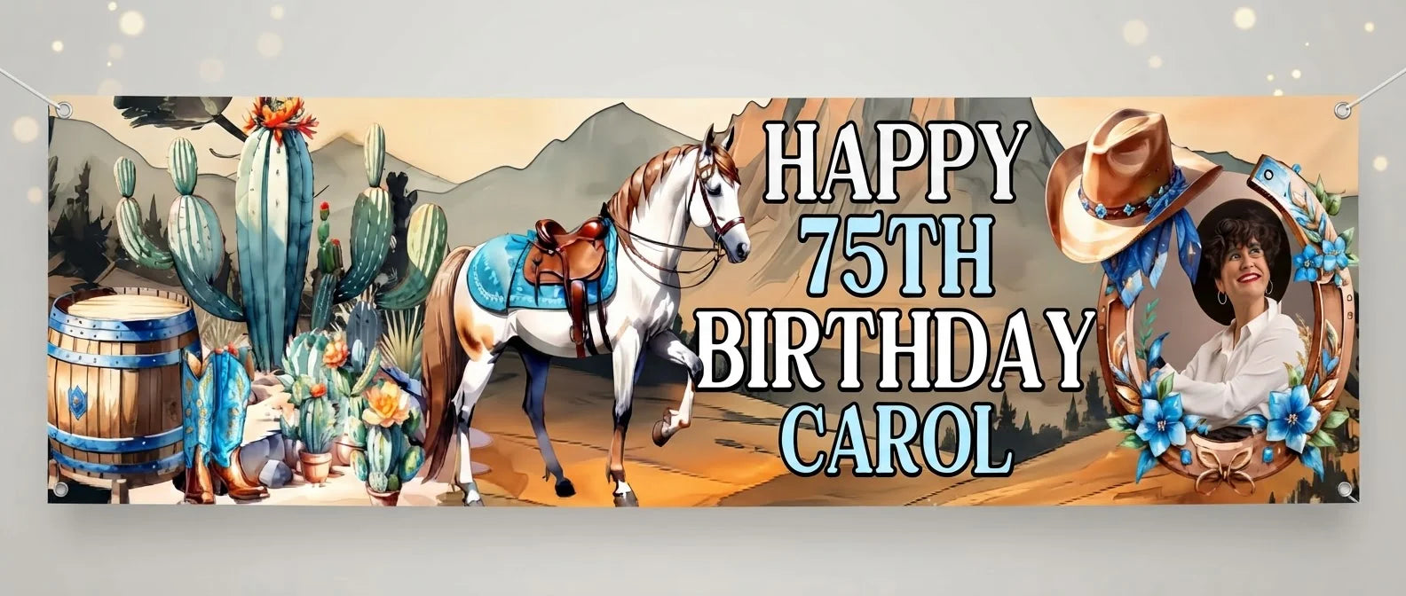 Personalised Cowgirl Theme Birthday Party Banner displayed against a plain studio background