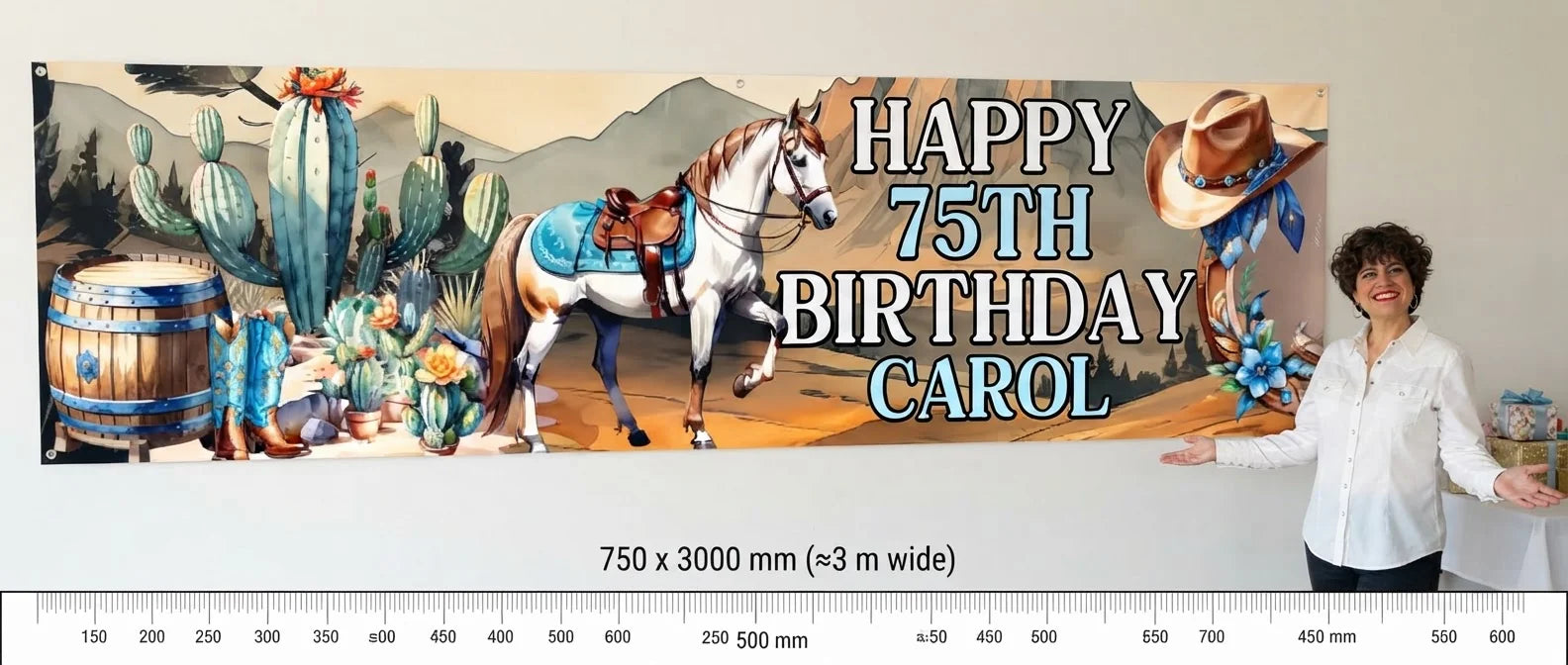 Person standing beside the Cowgirl Theme Birthday Party Banner for scale, with size guide showing 750 x 3000 mm