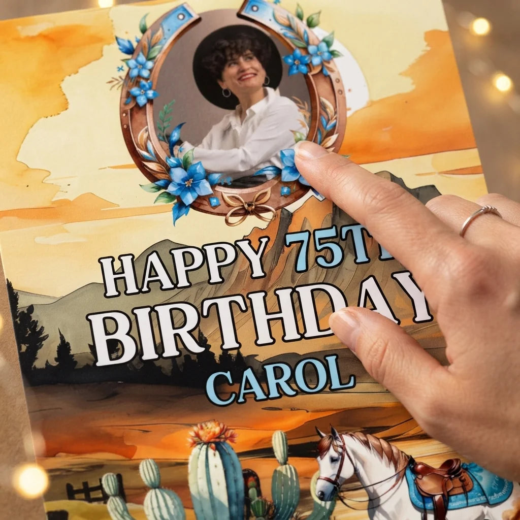 Close-up of the personalised name and photo printed on the Cowgirl Theme Birthday Party Mega Card