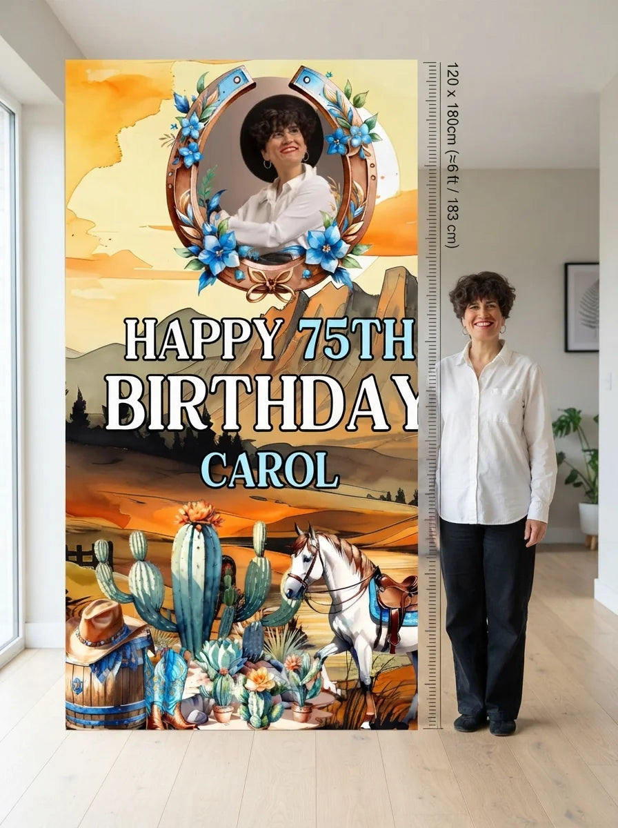 Person standing beside the Cowgirl Theme Birthday Party Mega Card for scale in a size guide