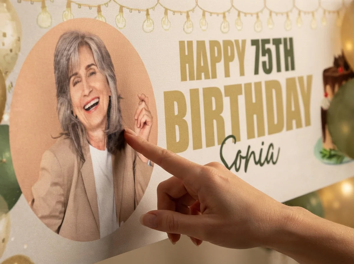 Close-up of the personalised name and photo printed on the Green and Gold Birthday Party Banner