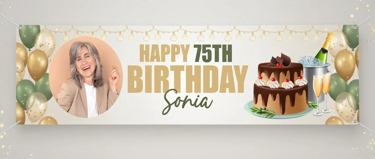 Personalised Green and Gold Birthday Party Banner displayed against a plain studio background