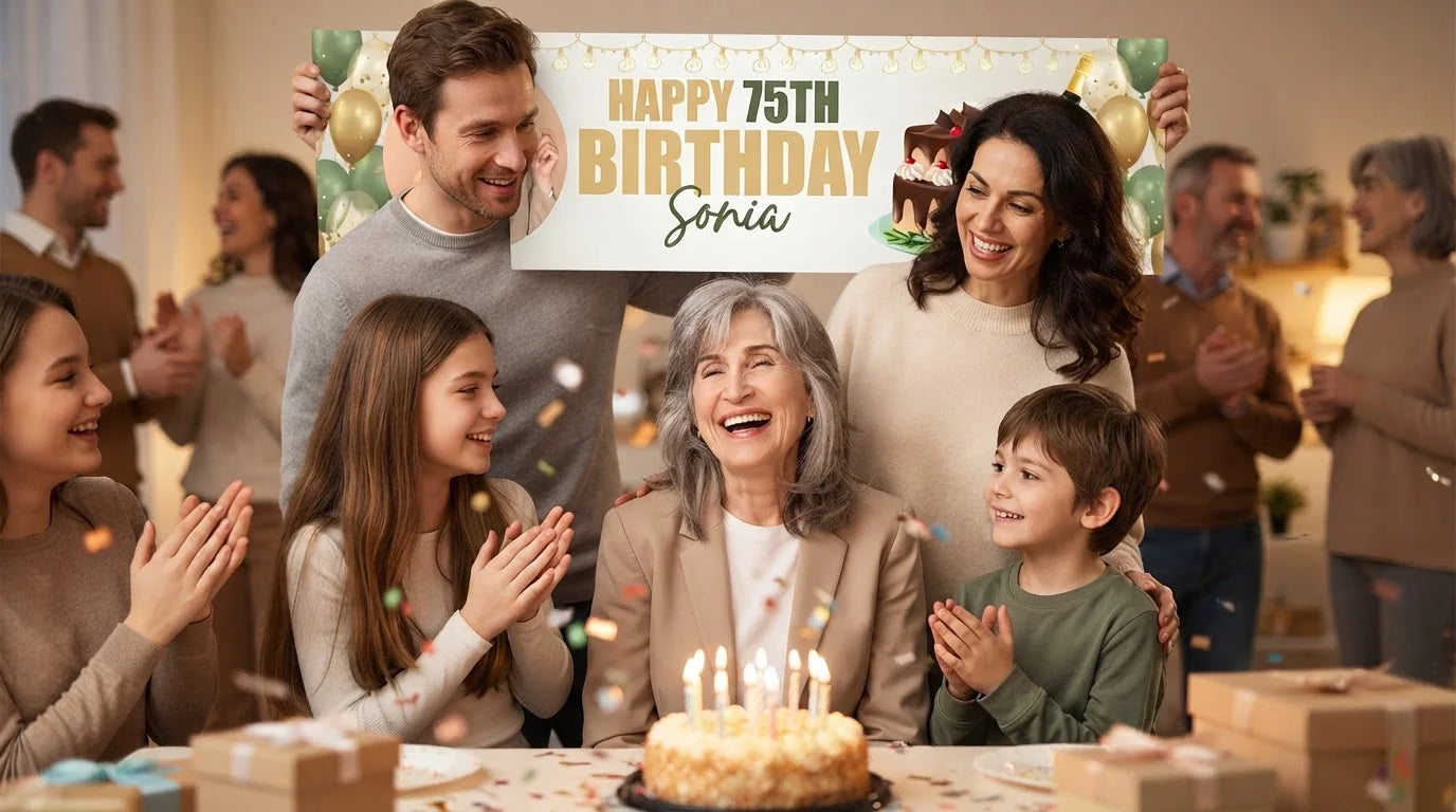 Friends and family celebrating with the personalised Green and Gold Birthday Party Banner