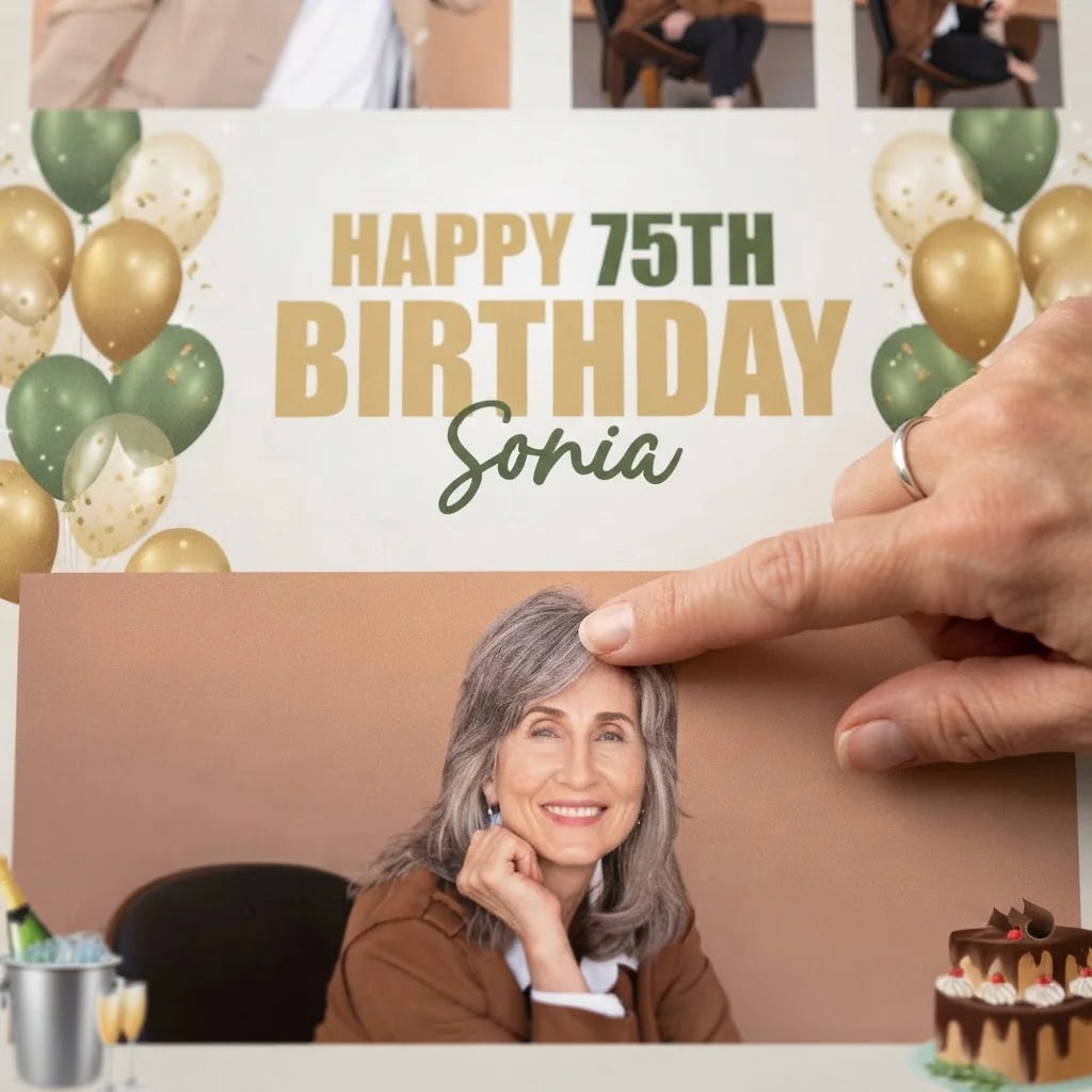 Close-up of the personalised name and photo printed on the Green and Gold Birthday Party Mega Card