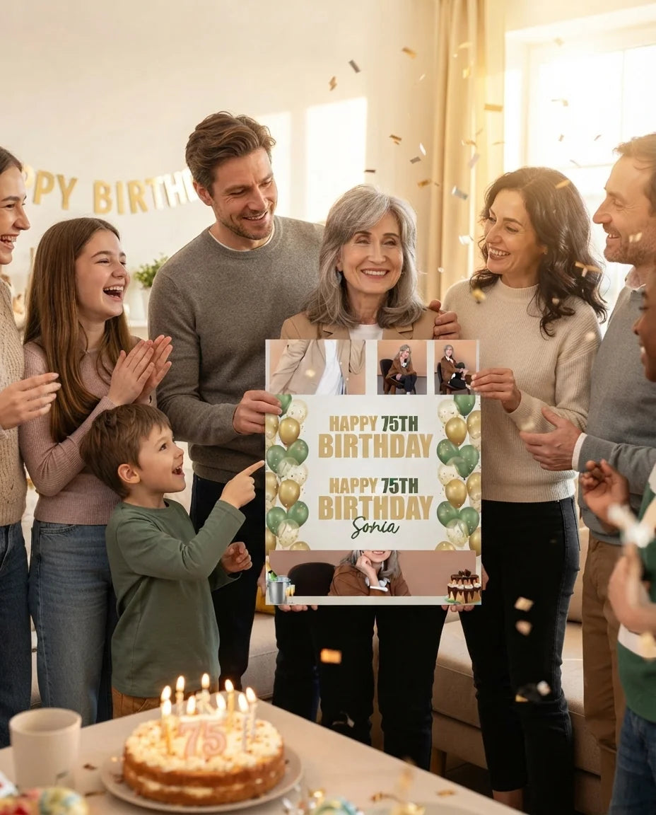 Friends and family celebrating with the personalised Green and Gold Birthday Party Mega Card