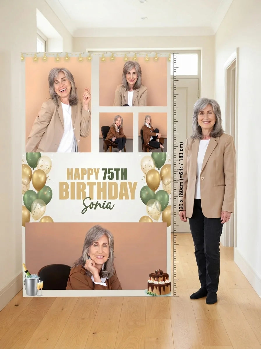 Person standing beside the Green and Gold Birthday Party Mega Card for scale in a size guide