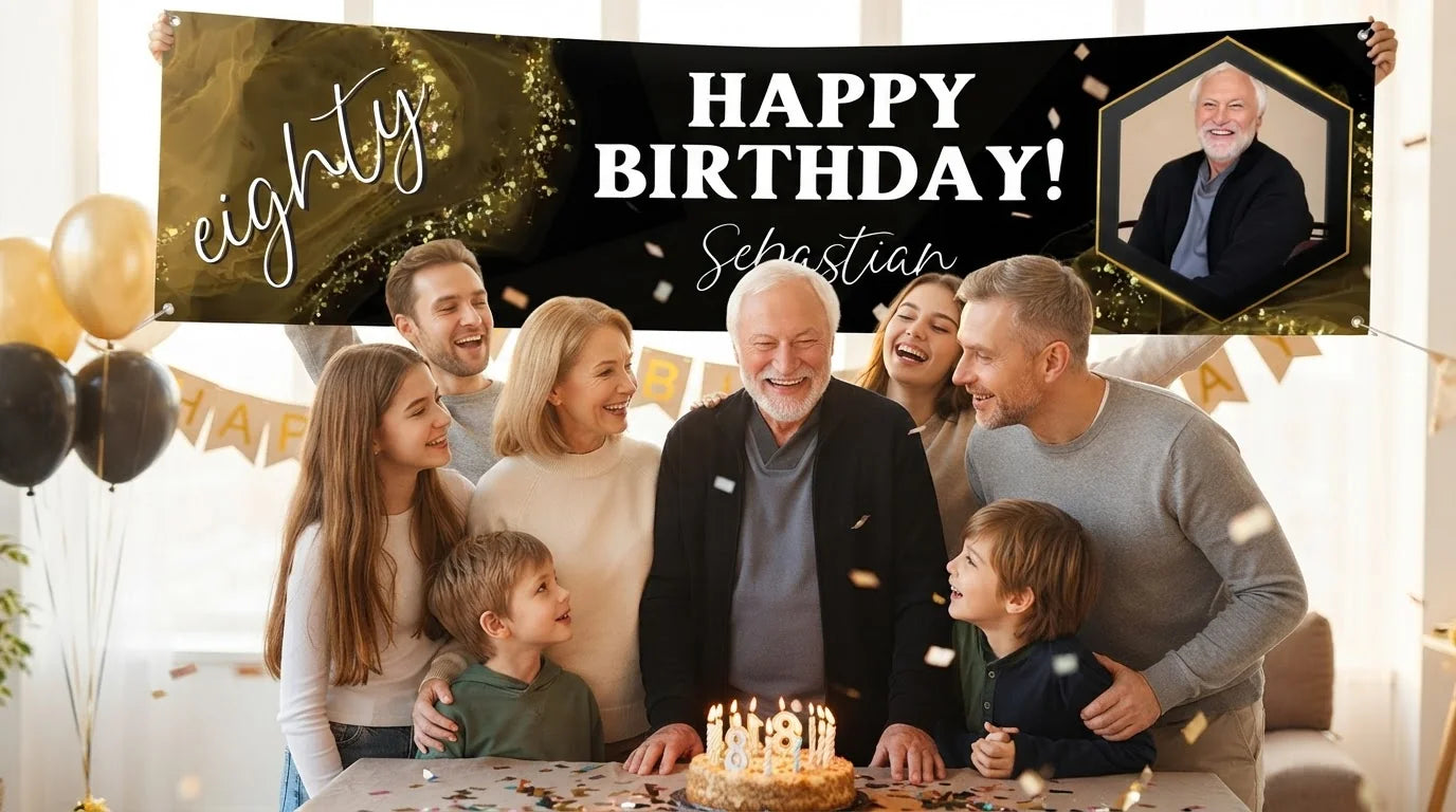 Friends and family celebrating with the personalised Black & Gold Birthday Party Banner
