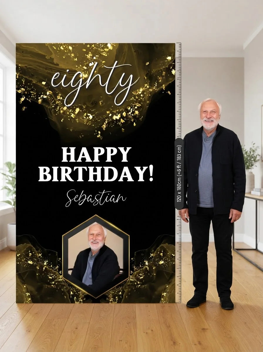 Person standing beside the Black & Gold Birthday Party Mega Card for scale in a size guide