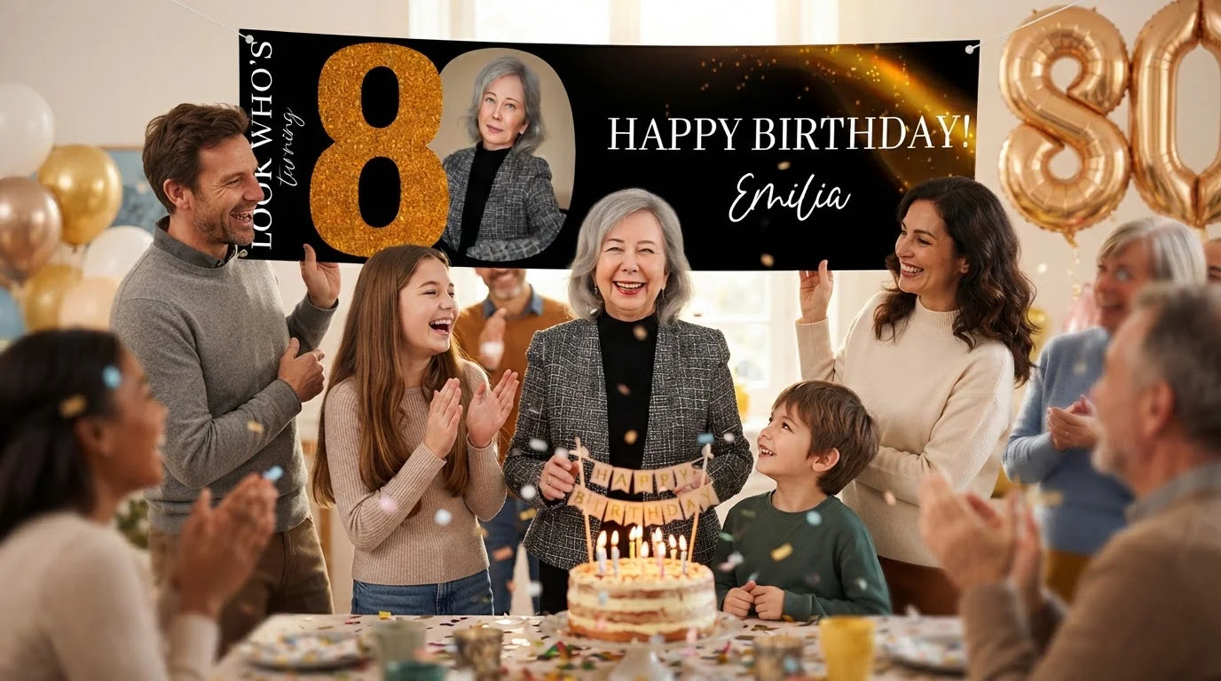 Friends and family celebrating with the personalised Look Who's Eighty Birthday Party Banner