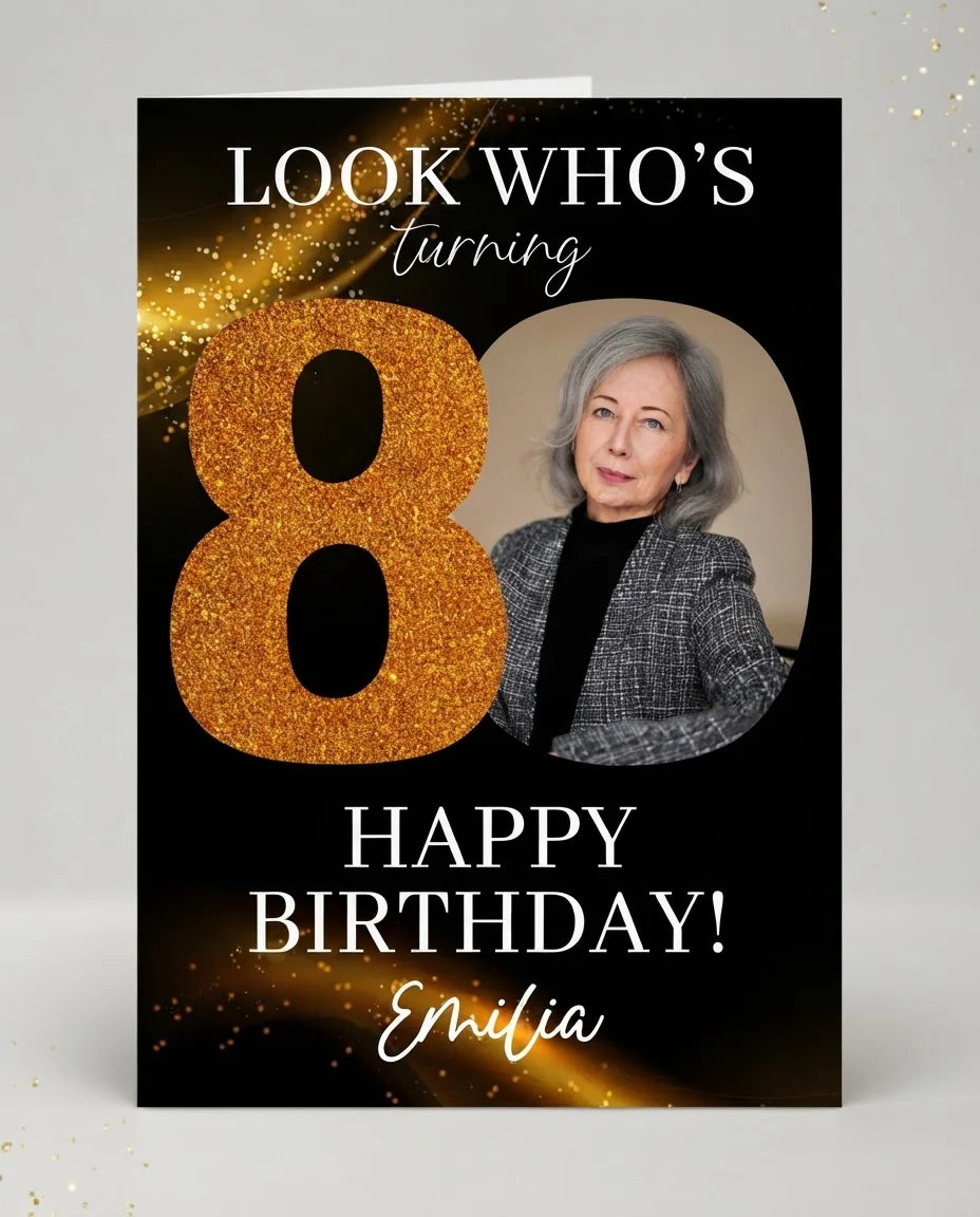 Personalised Look Who's Eighty Birthday Party Mega Card displayed against a plain studio background