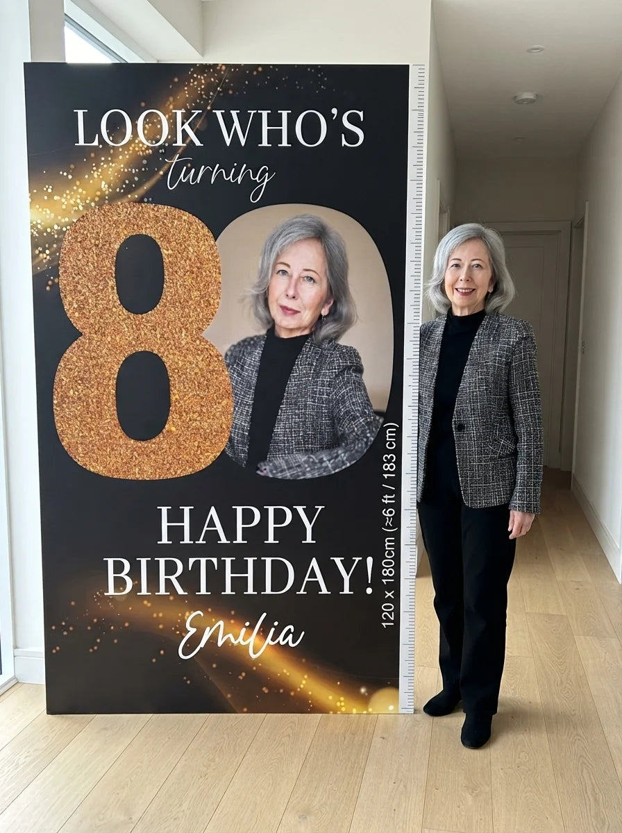 Person standing beside the Look Who's Eighty Birthday Party Mega Card for scale in a size guide