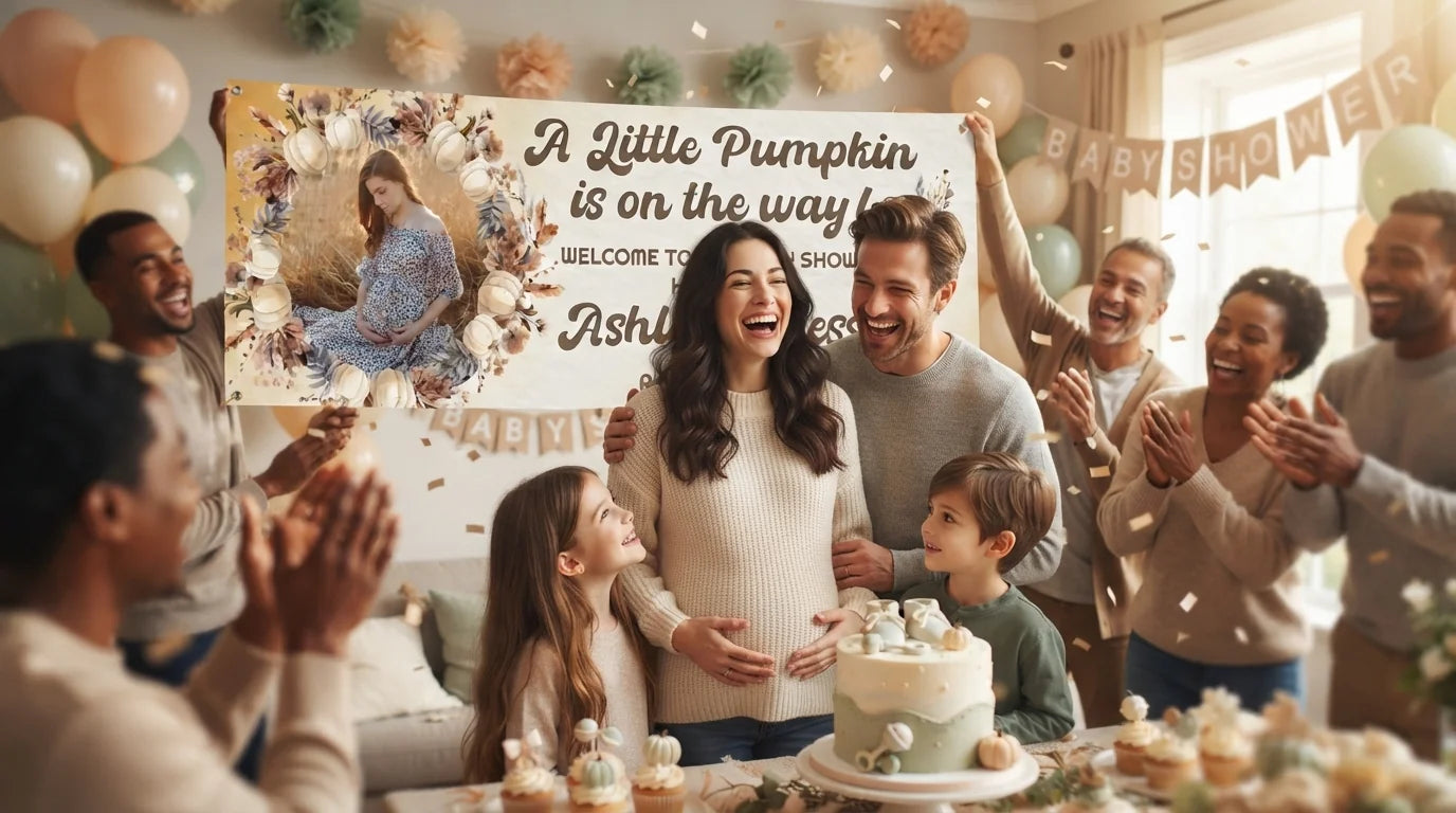 Friends and family celebrating with the personalised A Little Pumpkin Baby Shower Party Banner