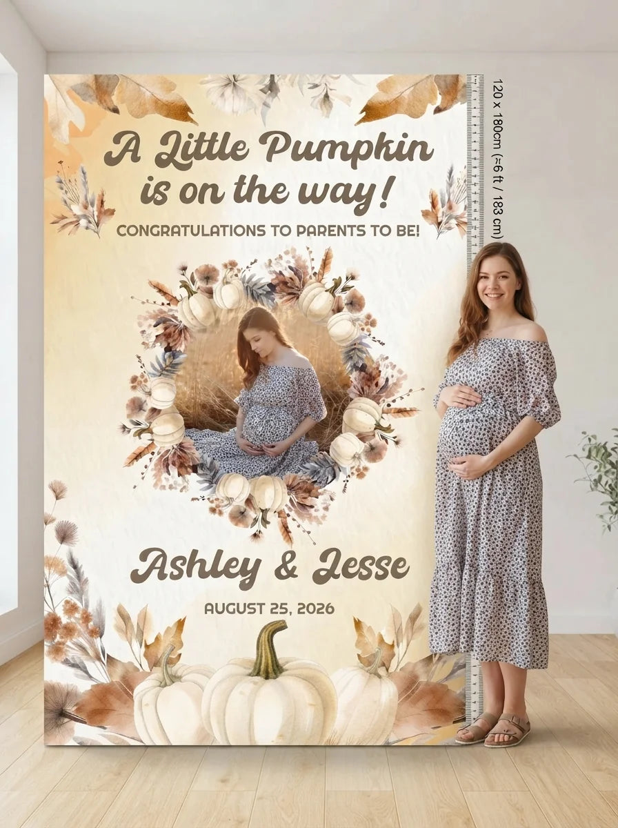 Person standing beside the A Little Pumpkin Baby Shower Party Mega Card for scale in a size guide