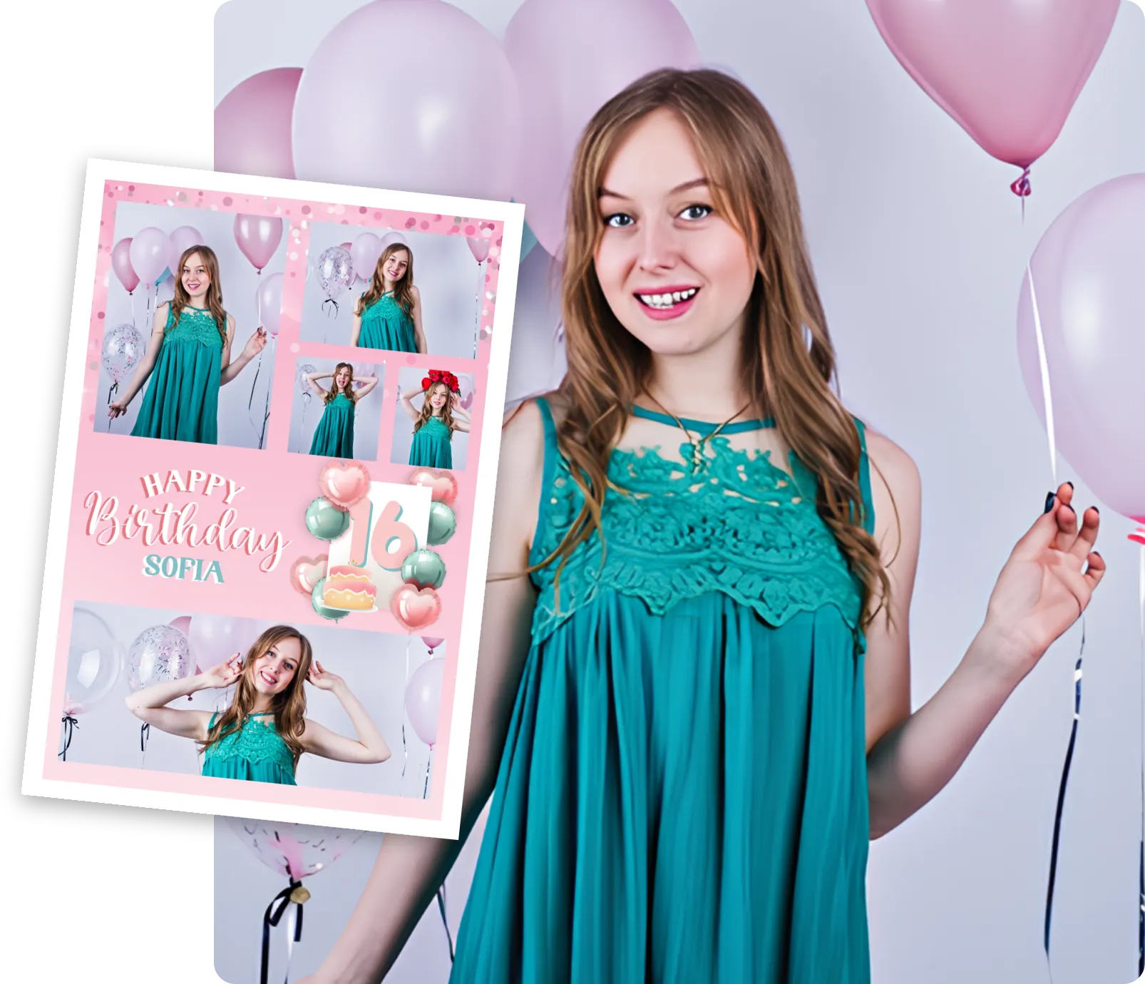 Birthday girl with balloons holding her personalised giant 16th birthday card
