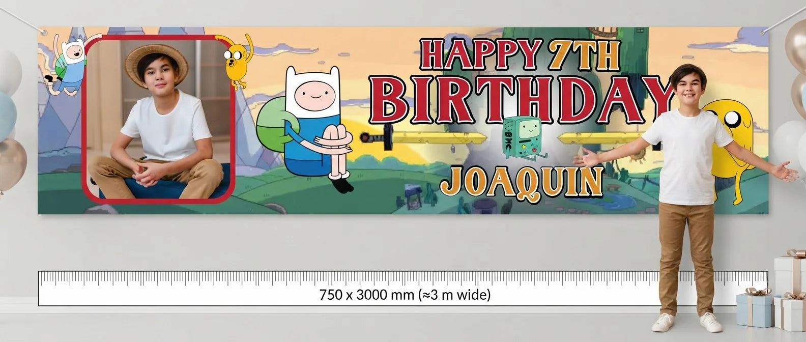 Person standing beside the Adventure Time Birthday Banner for scale, with size guide showing 750 x 3000 mm