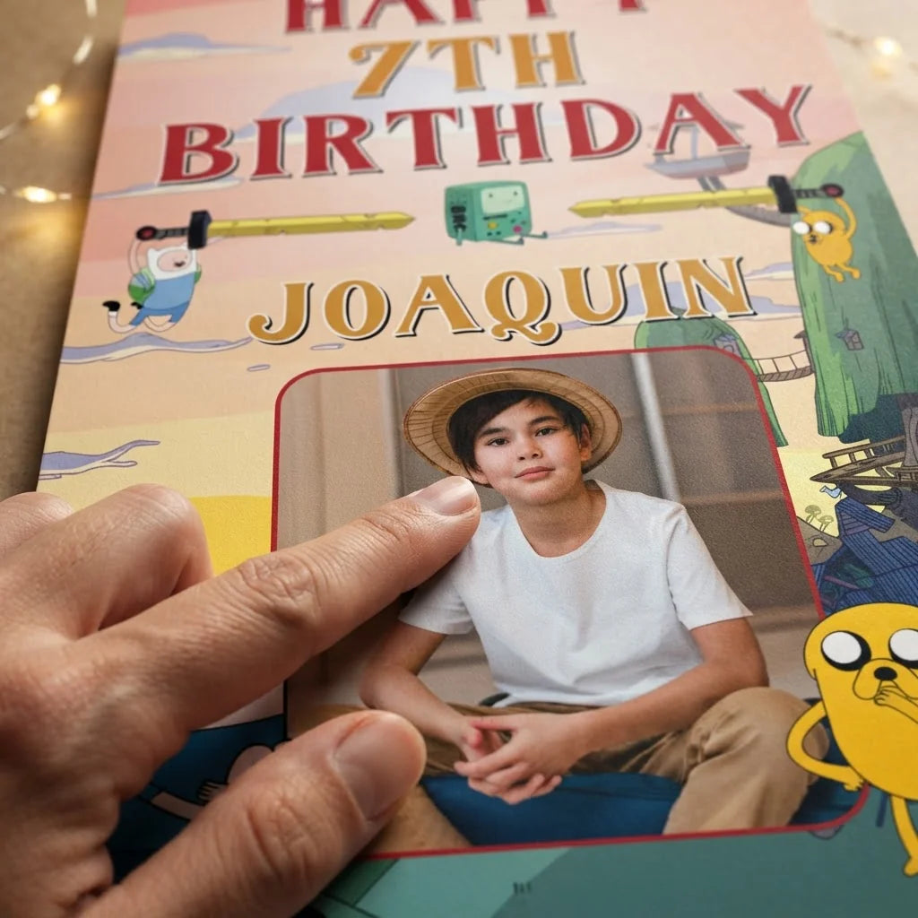 Close-up of the personalised name and photo printed on the Adventure Time Mega Card