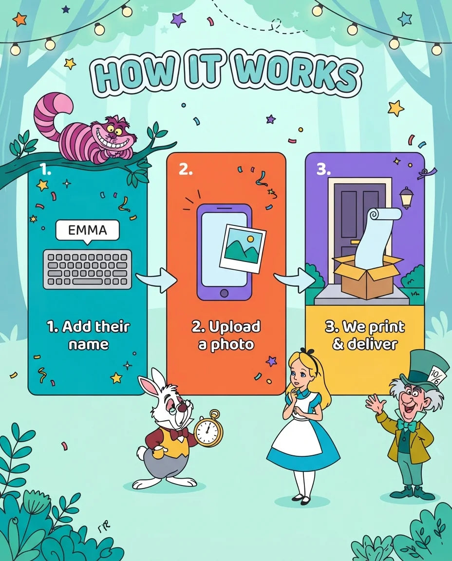 How it works: add a name, upload a photo, and we print and deliver the Alice in Wonderland Mega Card