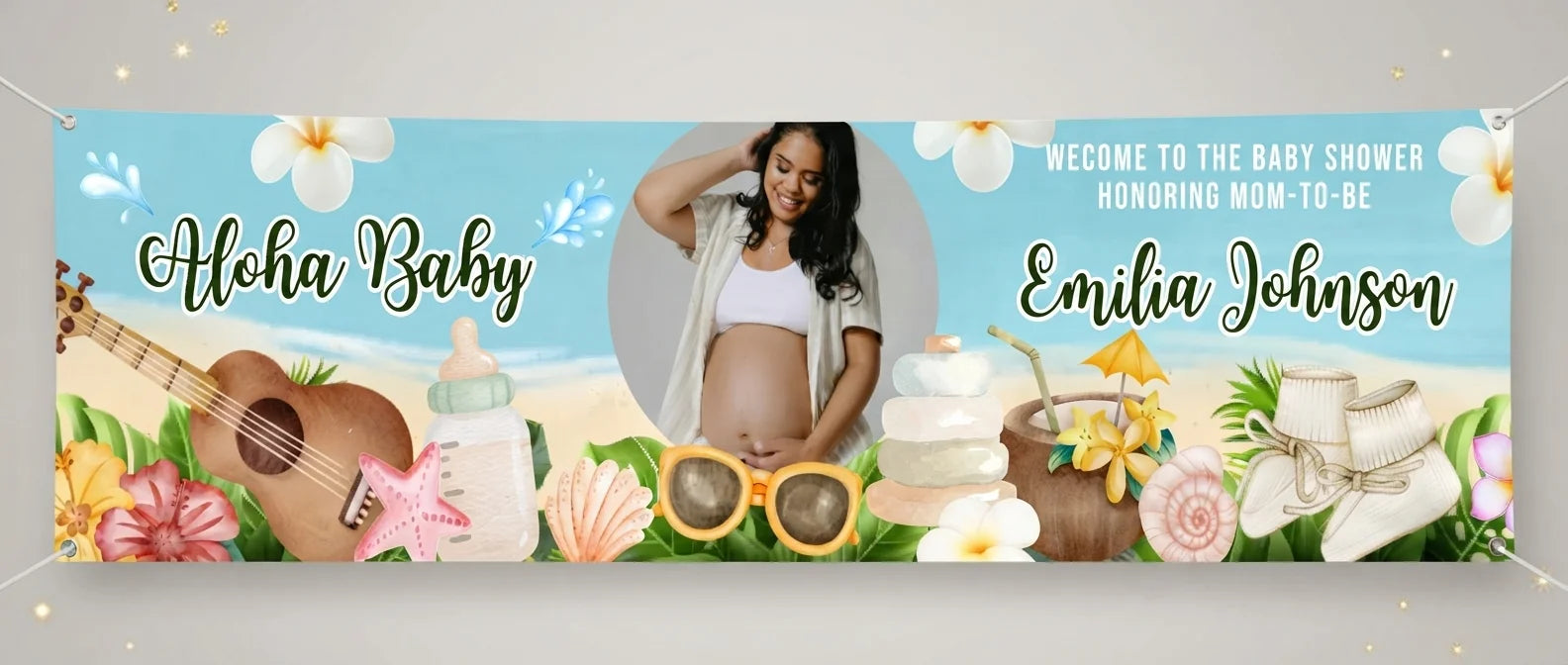Personalised Aloha Baby Baby Shower Banner displayed against a plain studio background