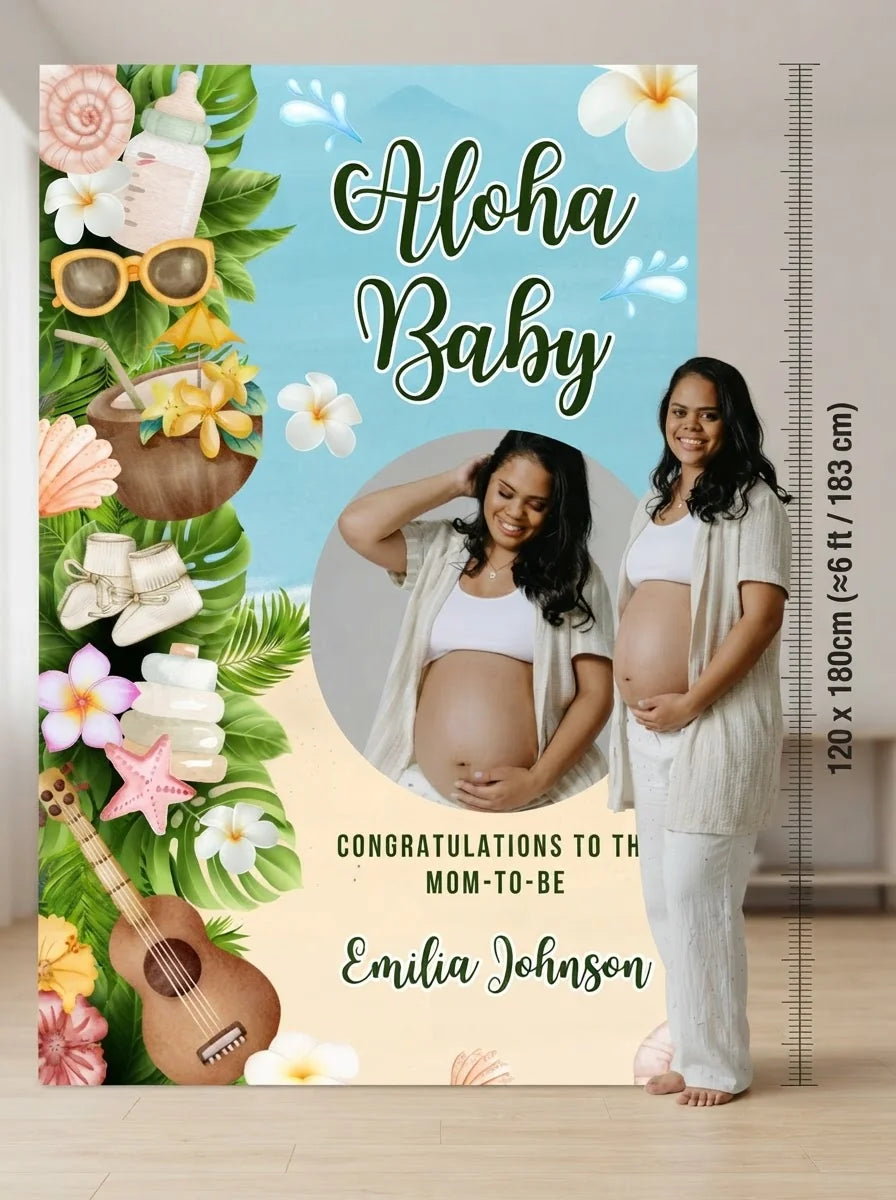 Person standing beside the Aloha Baby Baby Shower Mega Card for scale in a size guide