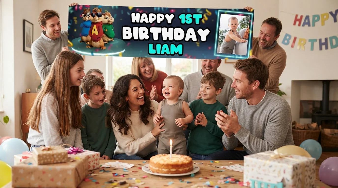 Friends and family celebrating with the personalised Alvin and the Chipmunks