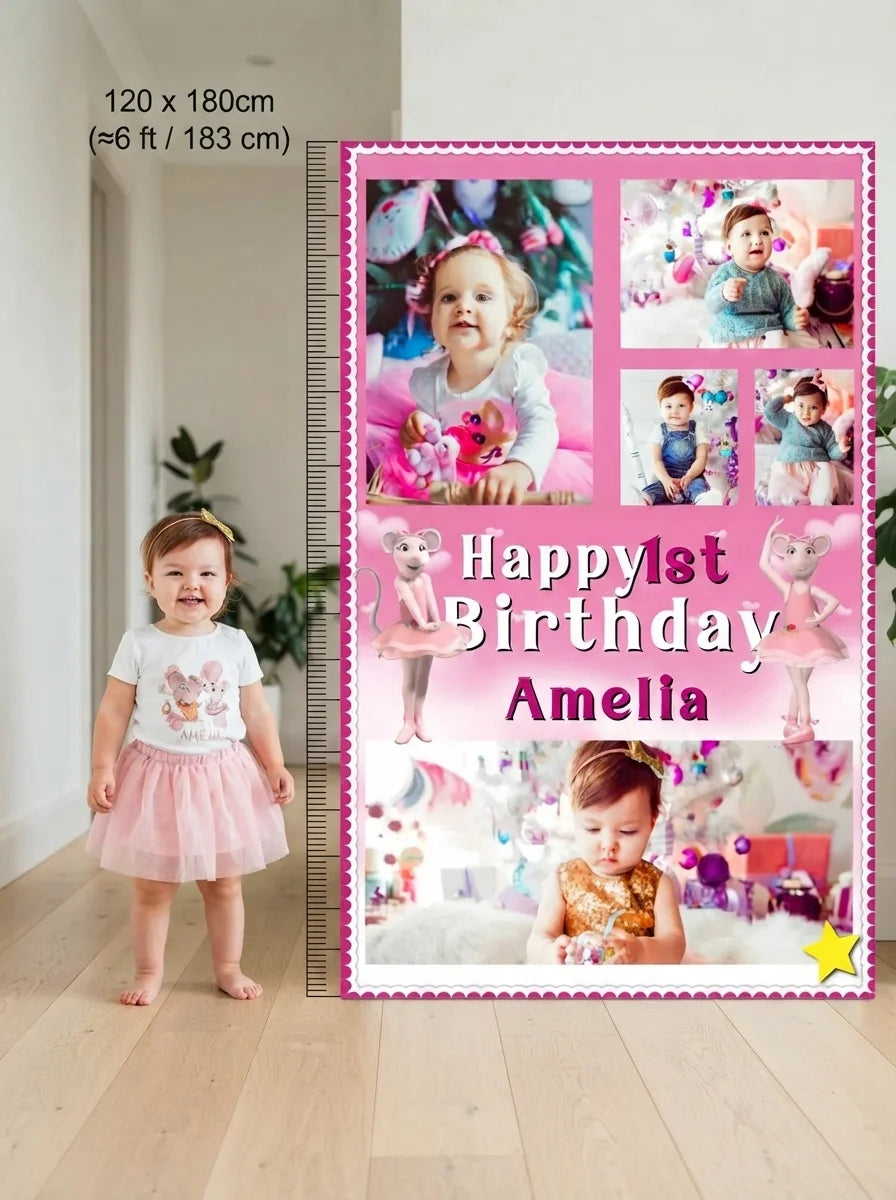 Person standing beside the Angelina Ballerina Mega Card for scale in a size guide