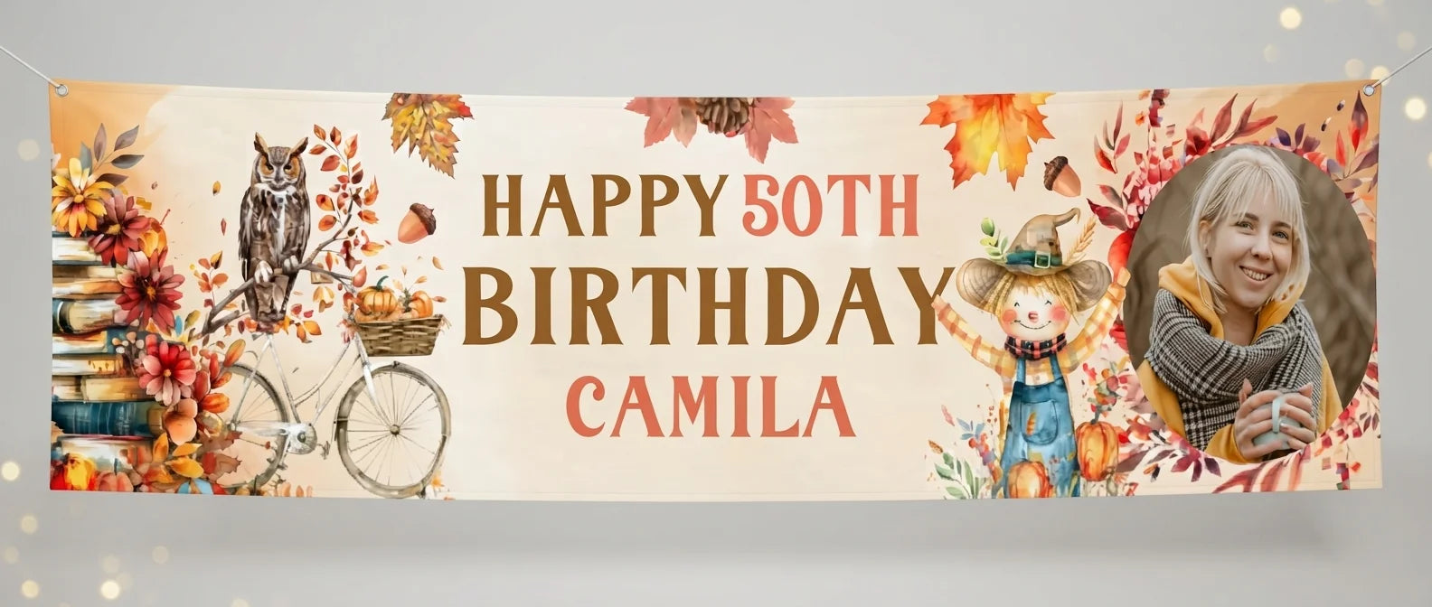 Personalised Autumn Fall Birthday Party Banner displayed against a plain studio background