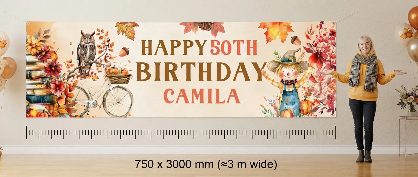Person standing beside the Autumn Fall Birthday Party Banner for scale, with size guide showing 750 x 3000 mm