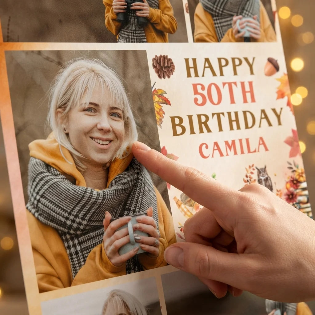 Close-up of the personalised name and photo printed on the Autumn Fall Birthday Party Mega Card