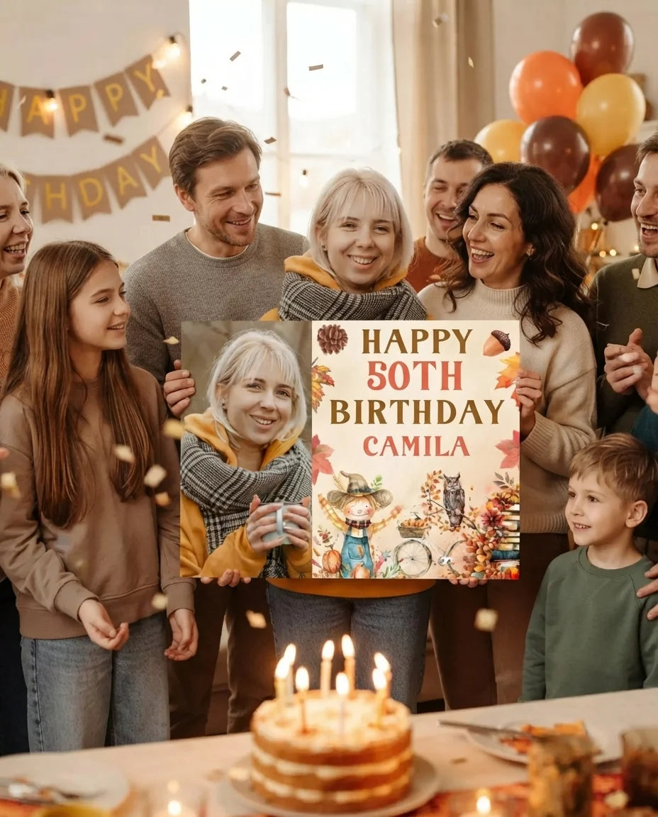 Friends and family celebrating with the personalised Autumn Fall Birthday Party Mega Card