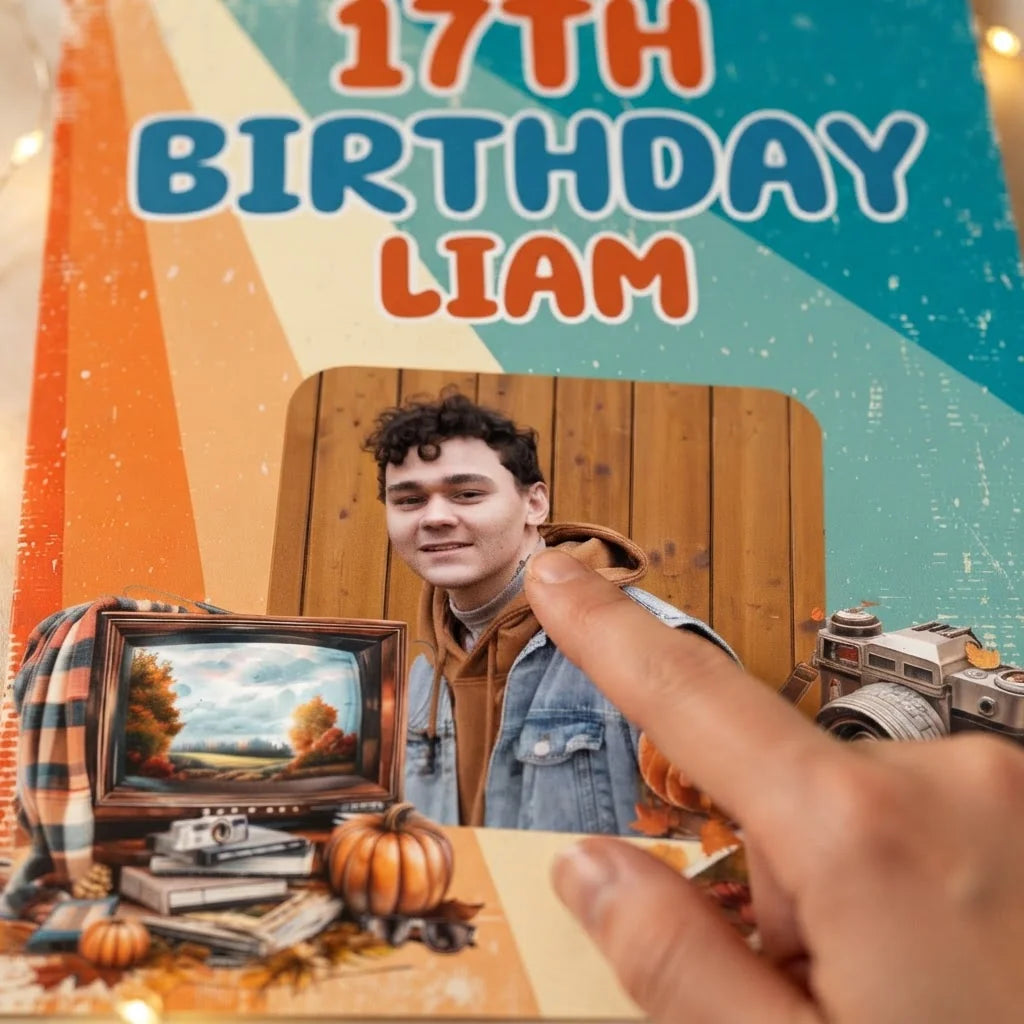 Close-up of the personalised name and photo printed on the Autumn Retro 80s Theme Birthday Party Mega Card