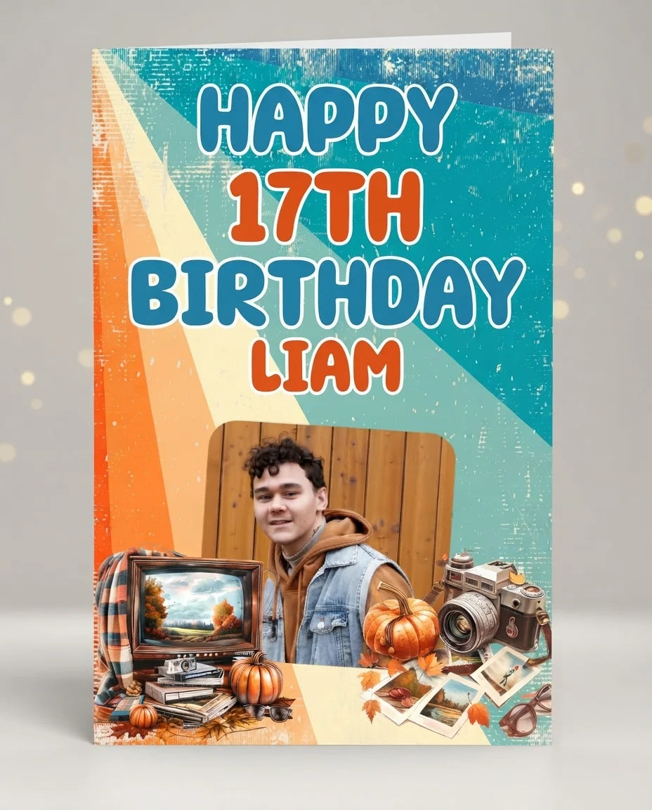 Personalised Autumn Retro 80s Theme Birthday Party Mega Card displayed against a plain studio background