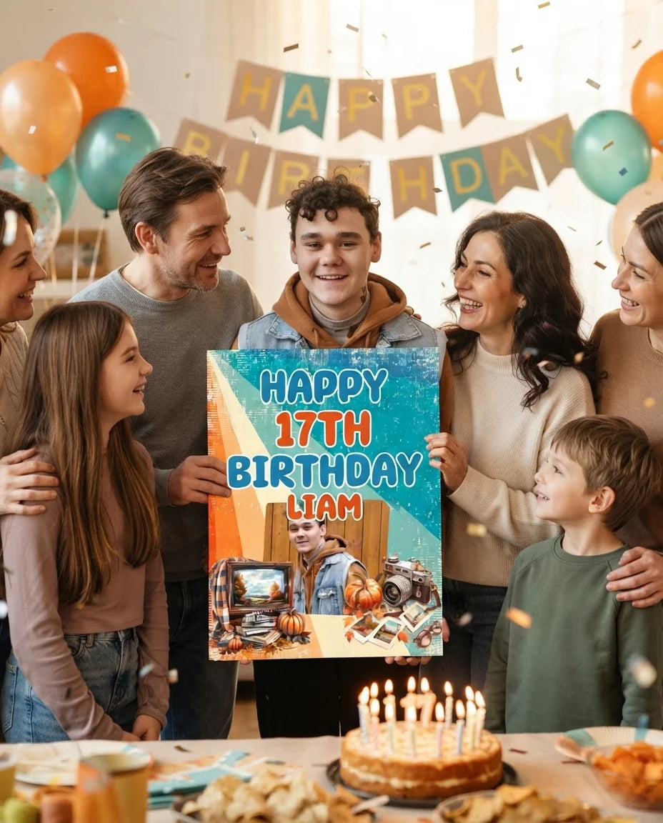 Friends and family celebrating with the personalised Autumn Retro 80s Theme Birthday Party Mega Card