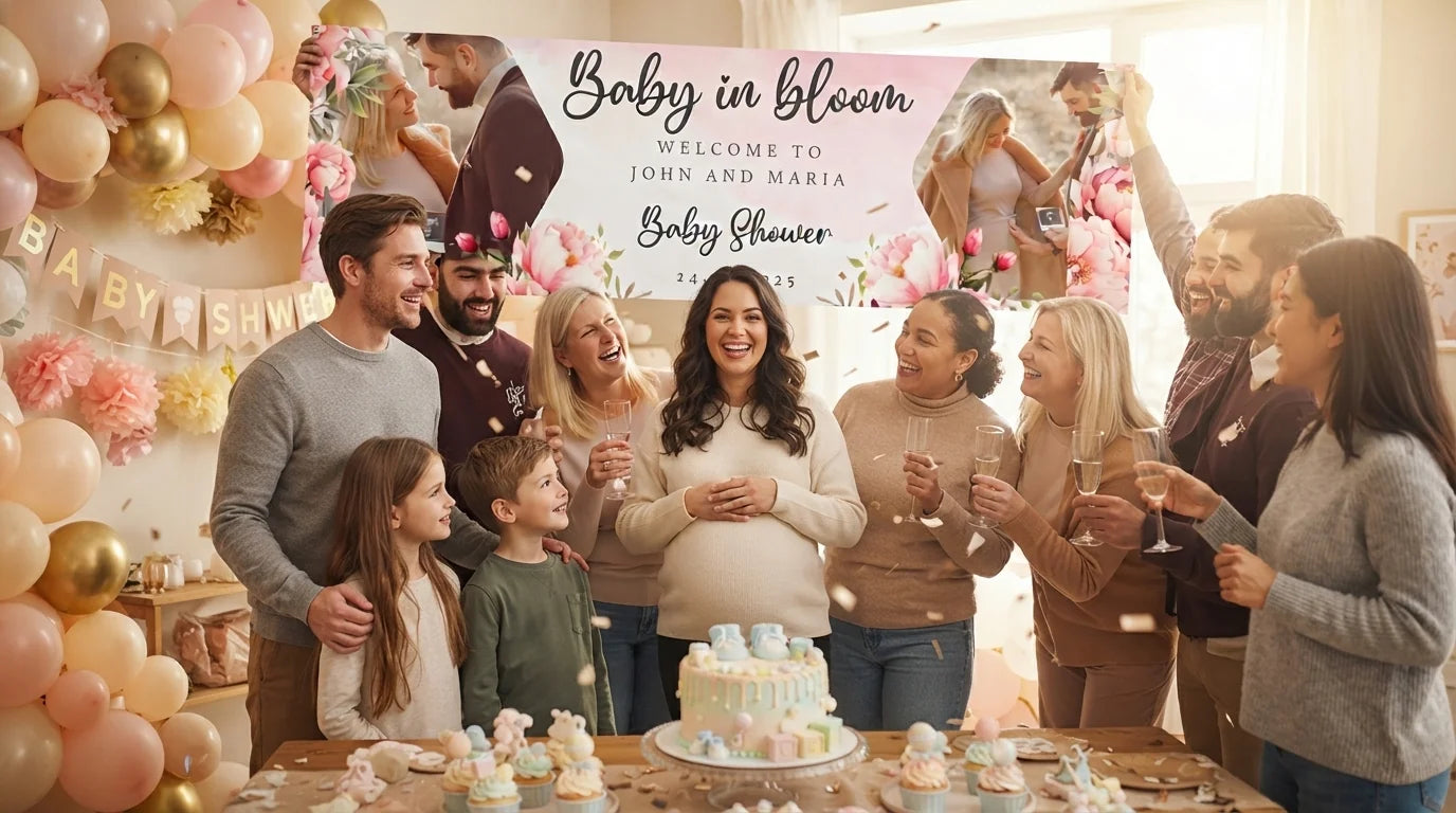 Friends and family celebrating with the personalised Baby in Bloom Baby Shower Banner
