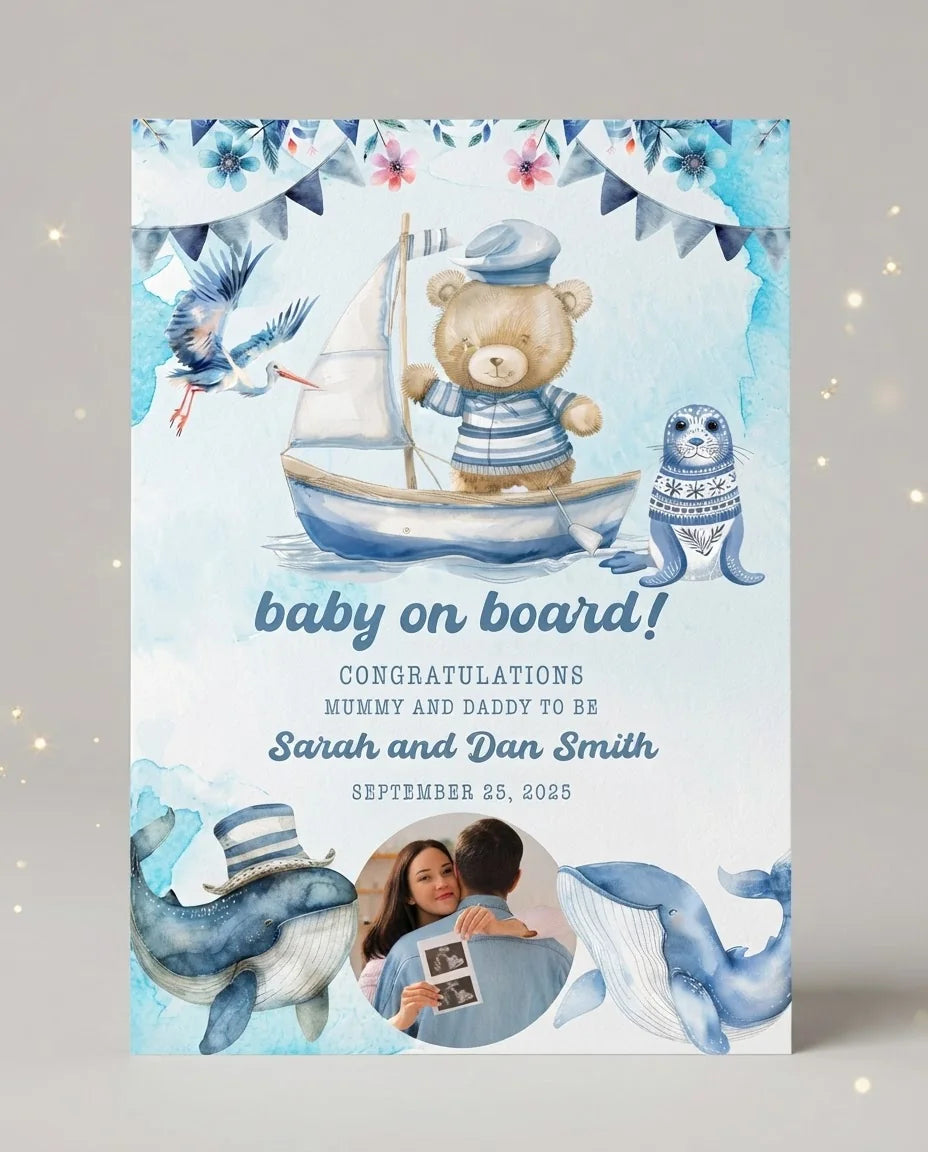 Personalised Baby On Board Baby Shower Party Mega Card displayed against a plain studio background
