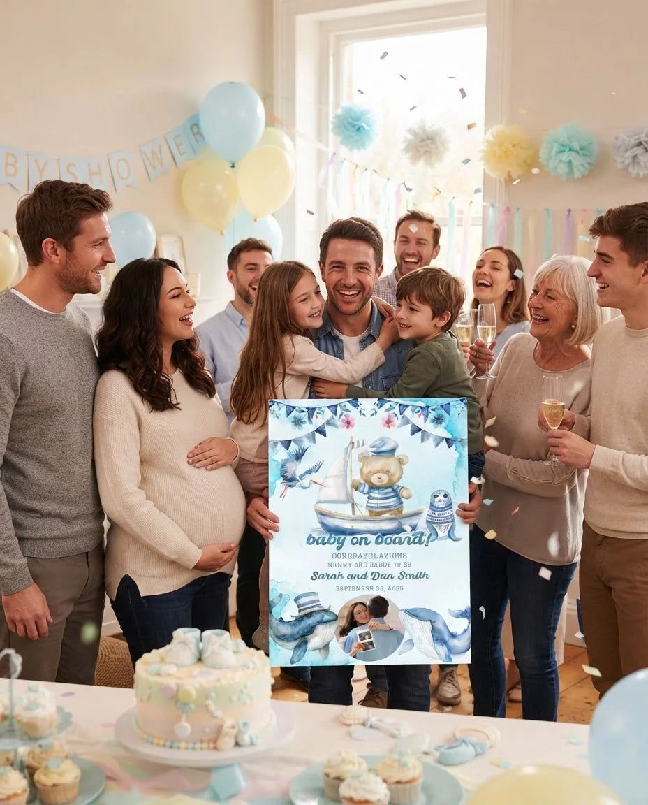Friends and family celebrating with the personalised Baby On Board Baby Shower Party Mega Card