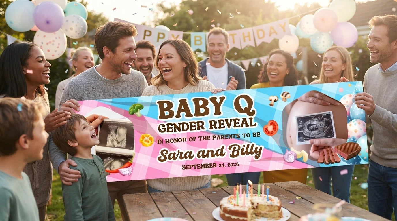 Friends and family celebrating with the personalised Baby Q Gender Reveal Party Banner