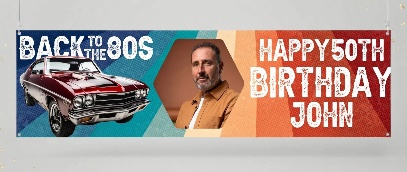 Personalised Back to the 80s Vintage Car Birthday Party Banner displayed against a plain studio background