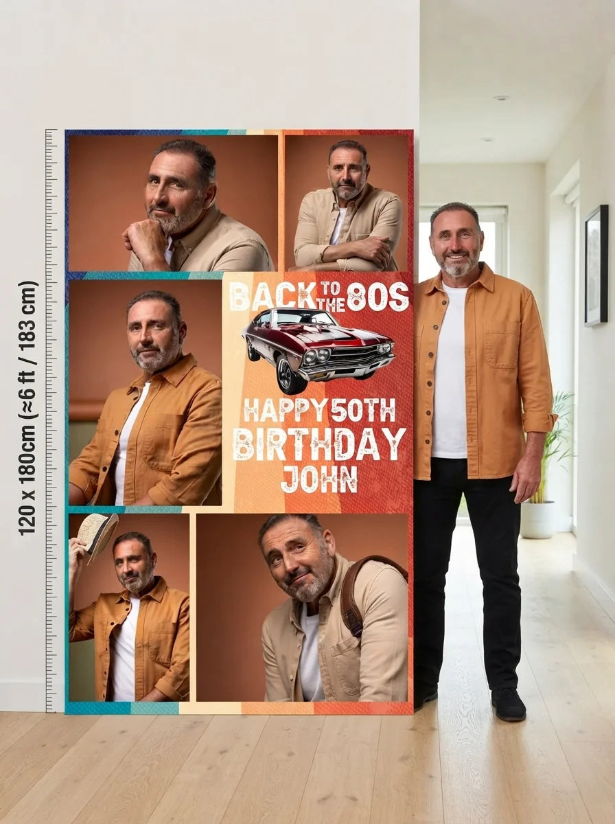Person standing beside the Back to the 80s Vintage Car Birthday Party Mega Card for scale in a size guide