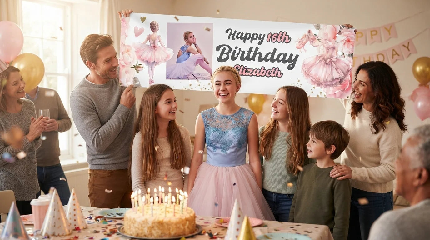 Friends and family celebrating with the personalised Ballerina Theme Birthday Party Banner