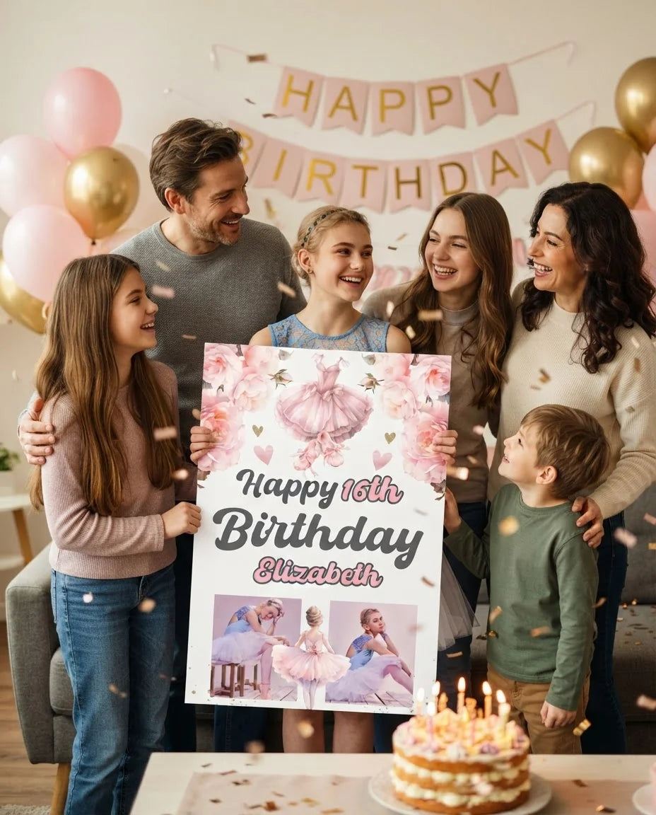 Friends and family celebrating with the personalised Ballerina Theme Birthday Party Mega Card