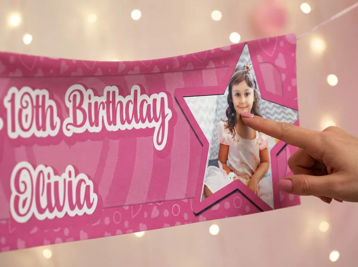 Close-up of the personalised name and photo printed on the Barbie Birthday Banner