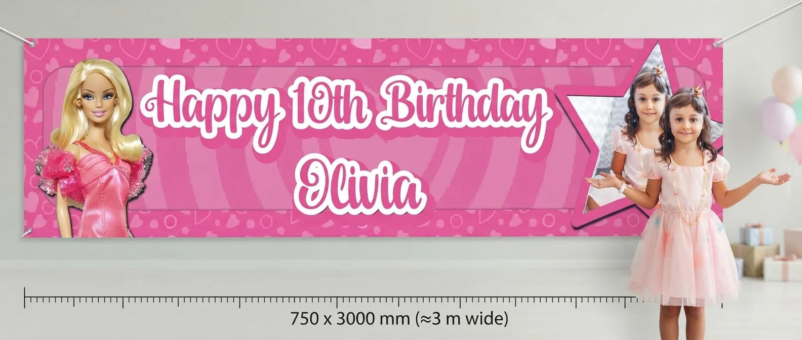 Person standing beside the Barbie Birthday Banner for scale, with size guide showing 750 x 3000 mm