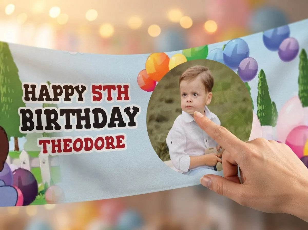 Close-up of the personalised name and photo printed on the Barney Bear Birthday Banner