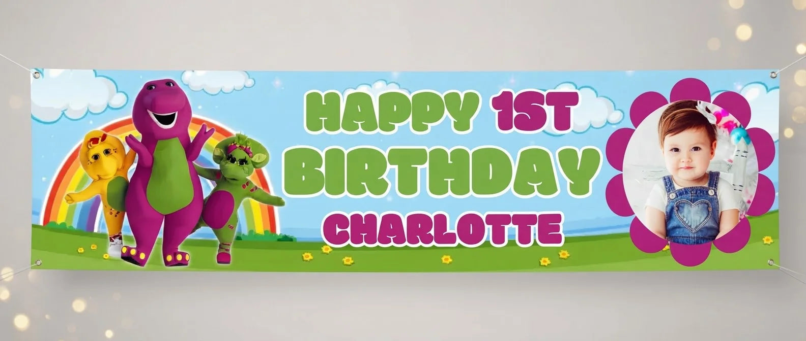 Personalised Barney Birthday Banner displayed against a plain studio background