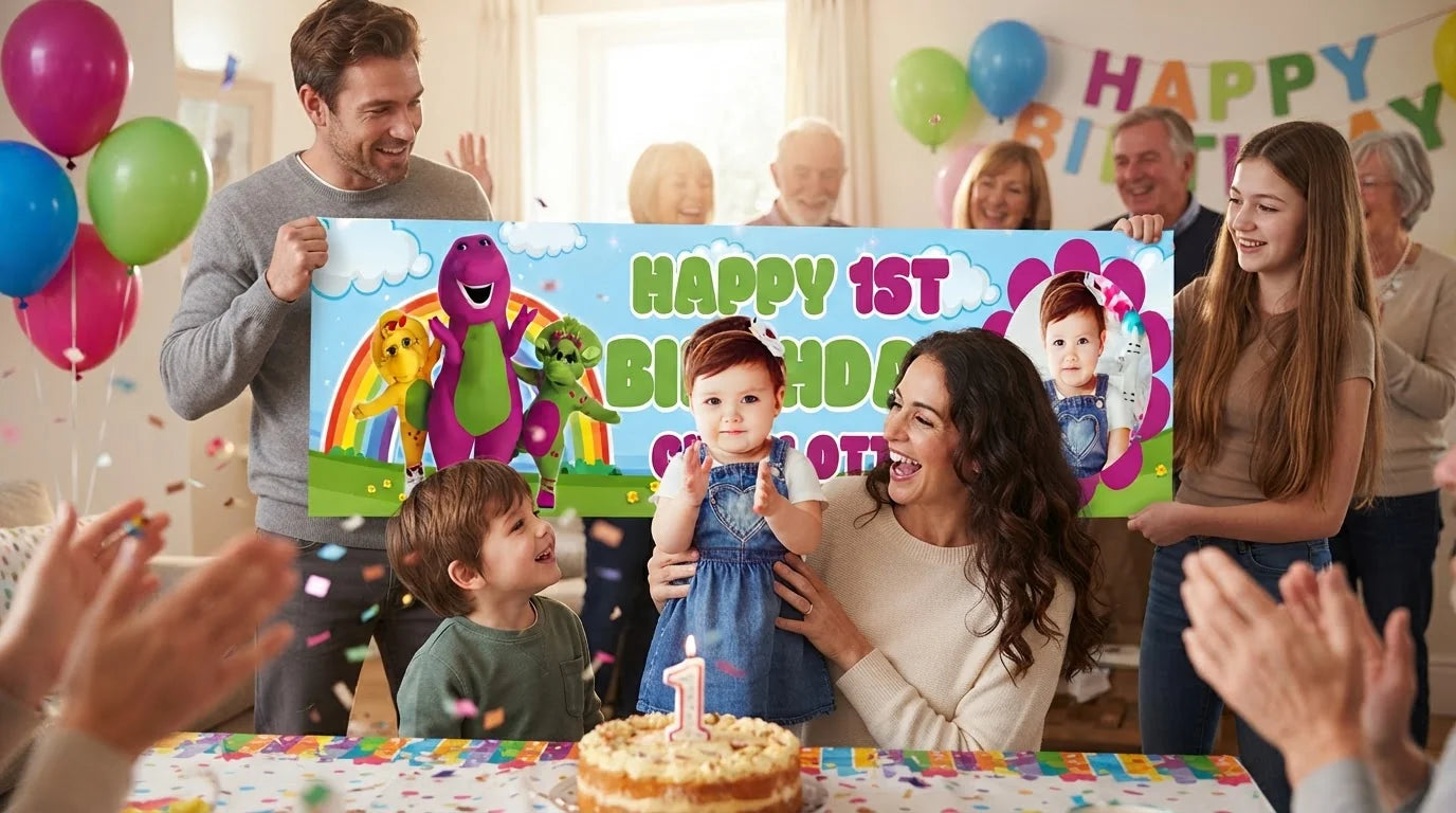 Friends and family celebrating with the personalised Barney Birthday Banner
