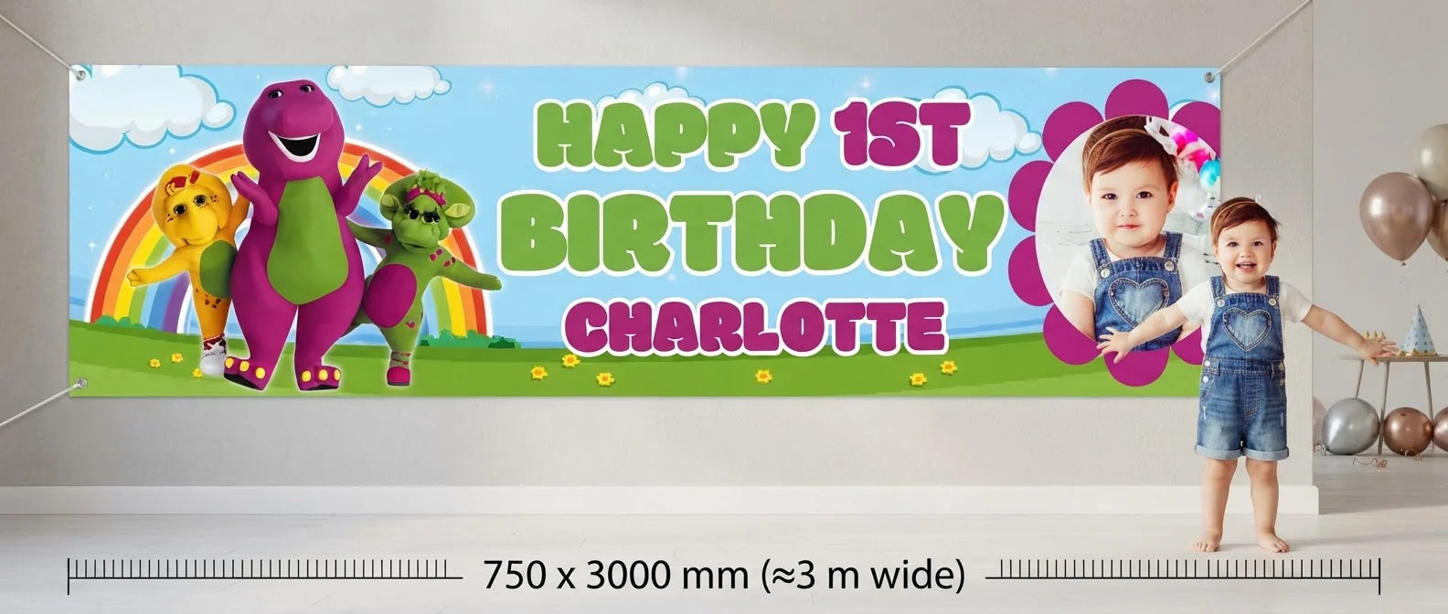 Person standing beside the Barney Birthday Banner for scale, with size guide showing 750 x 3000 mm
