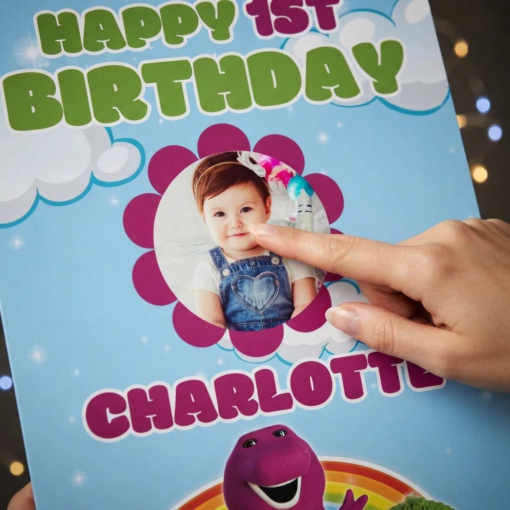 Close-up of the personalised name and photo printed on the Barney Mega Card