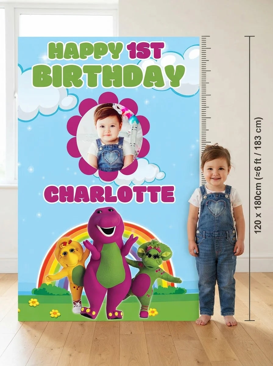 Person standing beside the Barney Mega Card for scale in a size guide